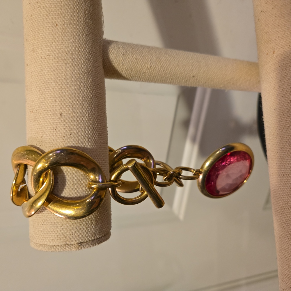 Chunky Gold Tone 7 Link Faux Pink Gem Bracelet 7 3/4" - Picture 3 of 9